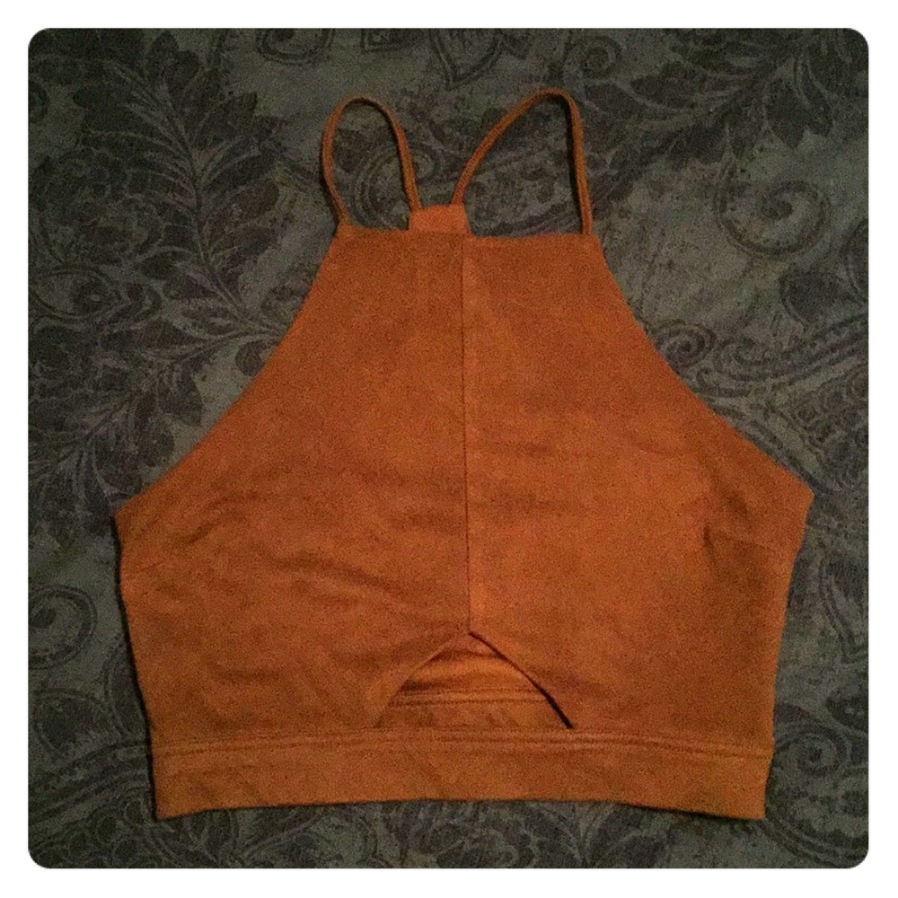Brown suede Kendall+Kylie crop top with cutout